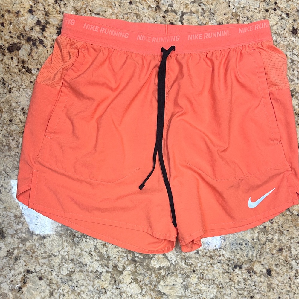 Nike Mens Coral-Orange Running Shorts with Black Drawstring
